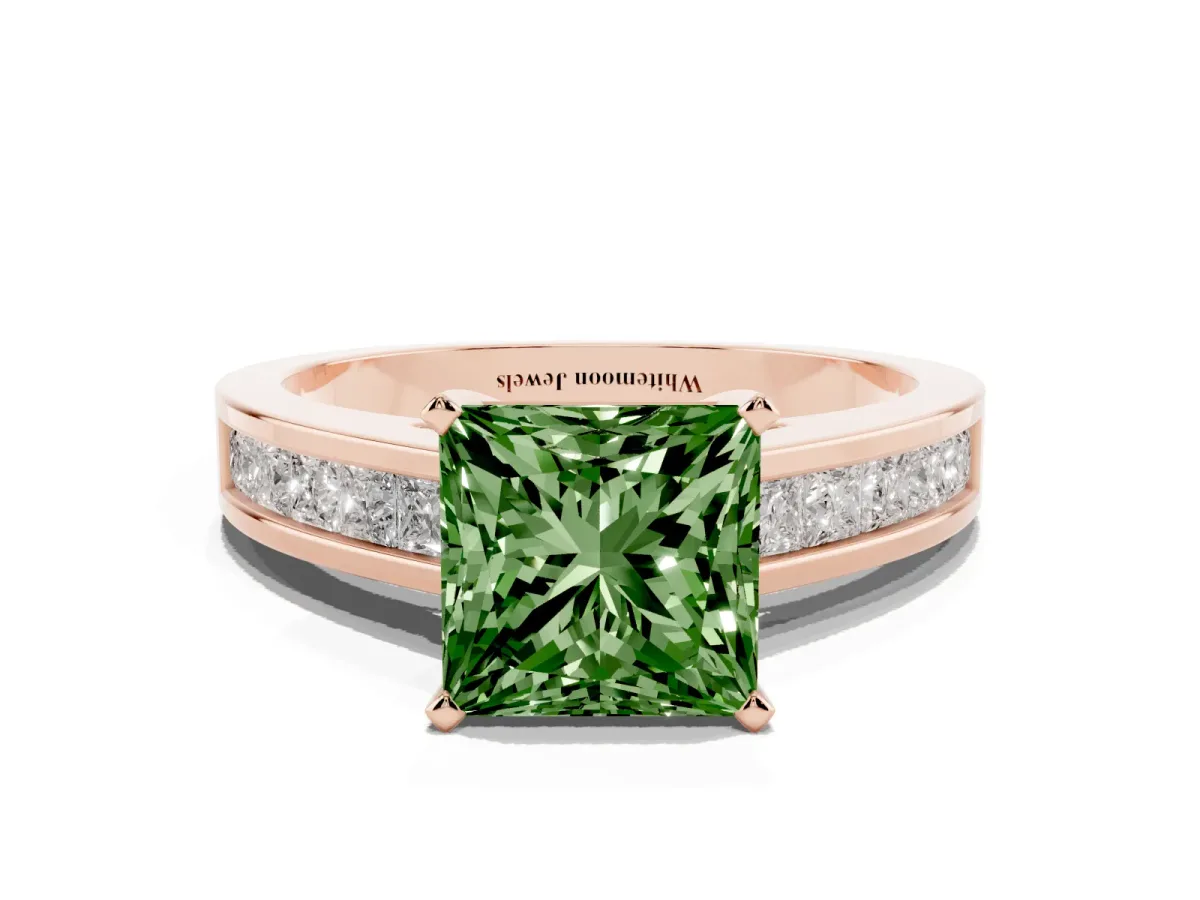 Fancy Green Princess Cut Solitaire Diamond Ring with Channel-Set Band and Four-Prong Setting Rose gold