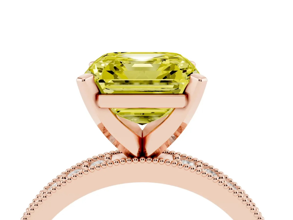 Fancy Yellow Asscher Cut Diamond Milgrain Pavé Engagement Ring with Four-Prong Setting Rose gold