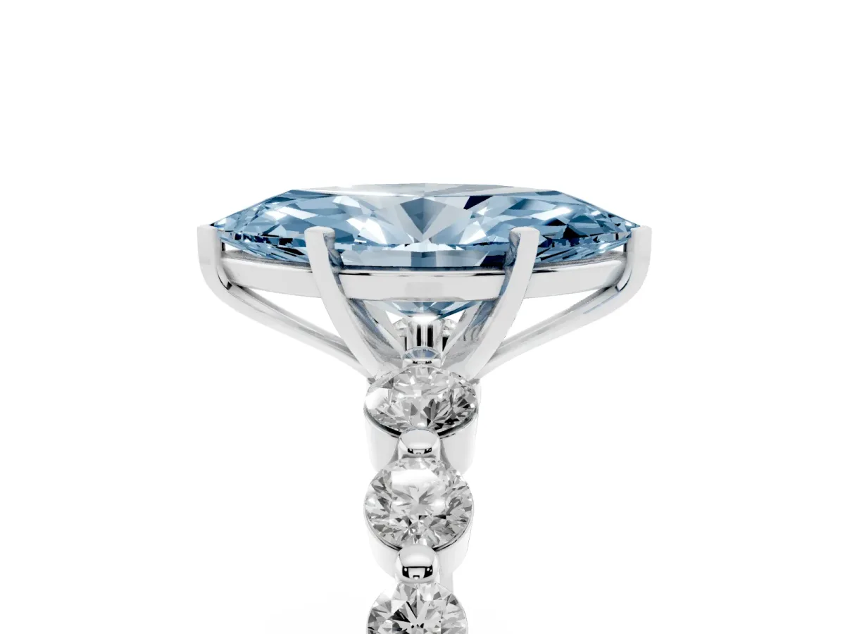 Fancy Blue Marquise Cut Solitaire Diamond Ring with Pave Band and Four-Prong Setting Silver