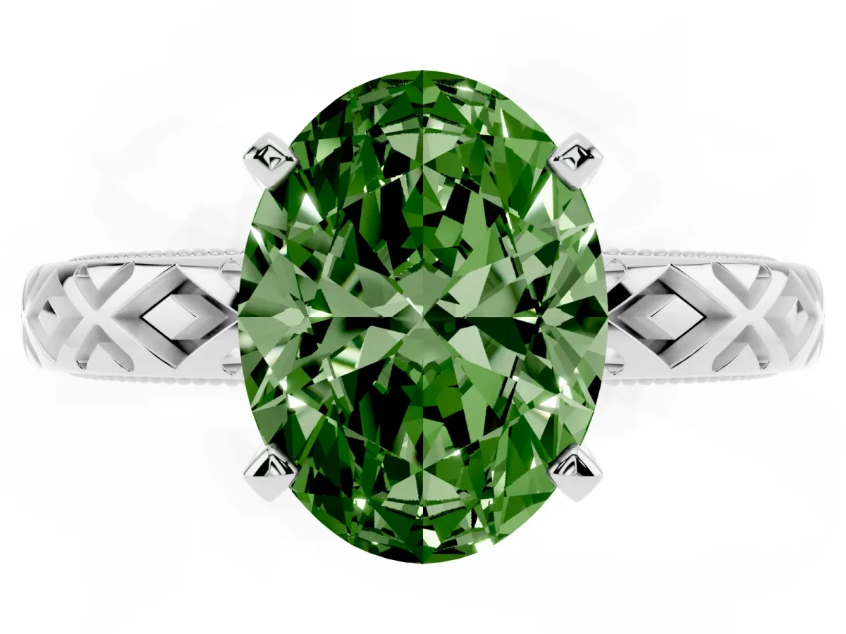 Fancy Green Oval Cut Solitaire Diamond Ring with Milgrain and Black Enamel X Pattern Band Silver