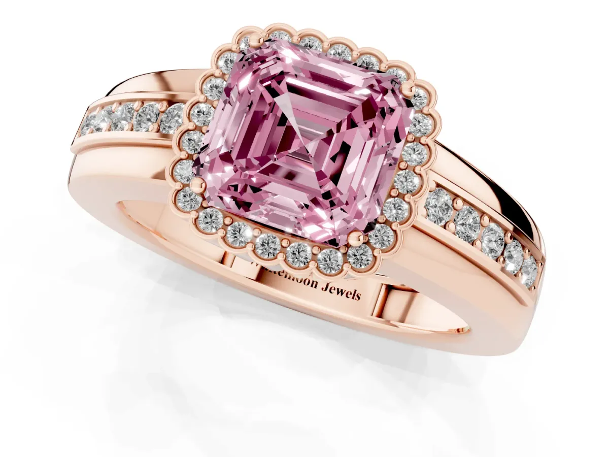 Fancy Pink Asscher Cut Cut Halo Pave Band Four-Prong Ring Rose gold
