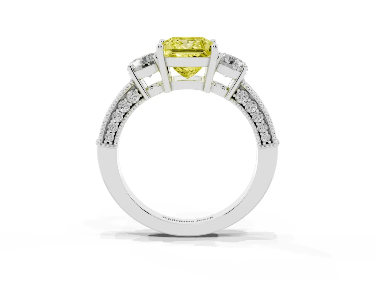 Fancy Yellow Princess Cut Three-Stone Diamond Ring with Pavé Band and Four-Prong Setting Silver