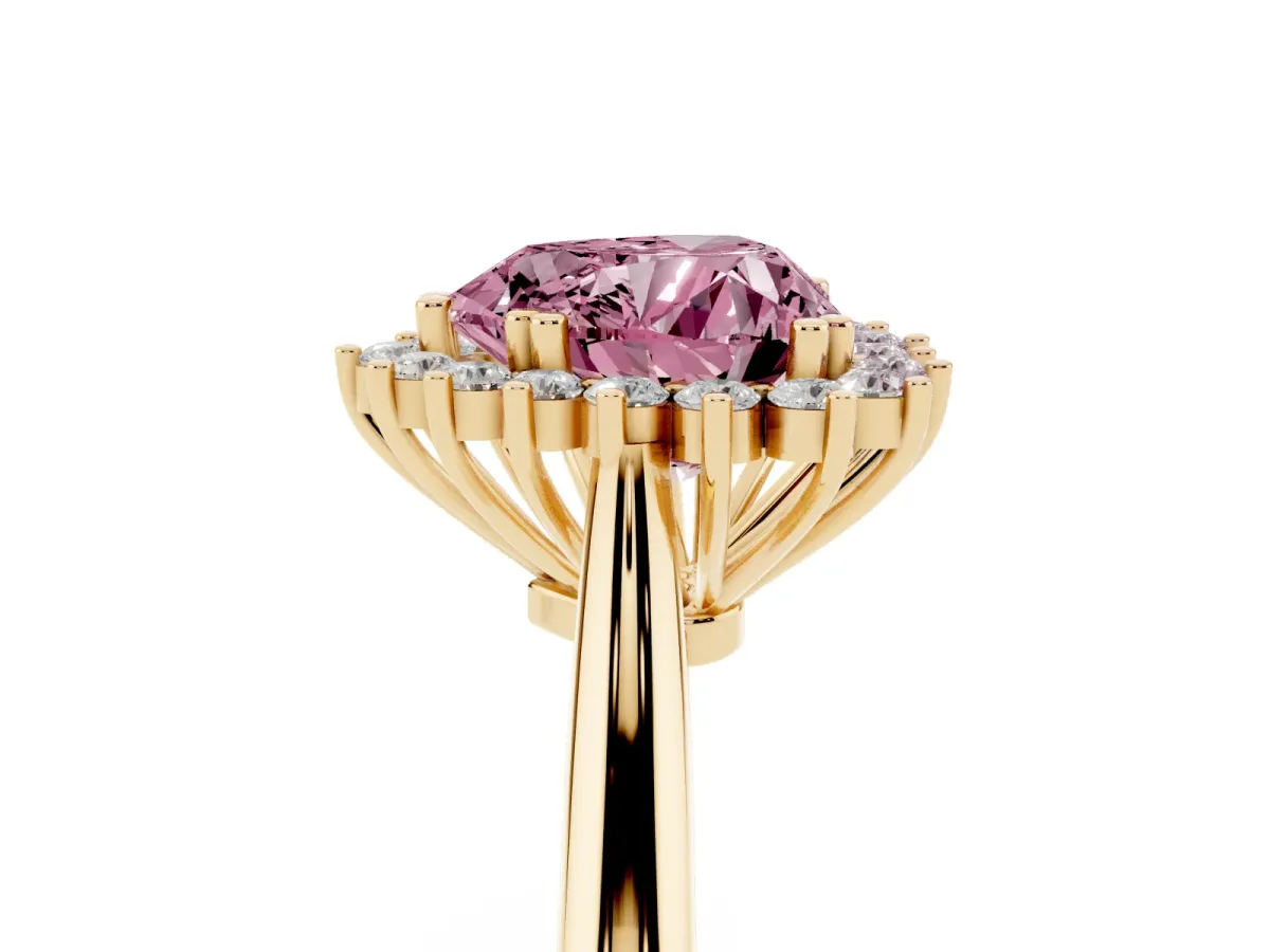 Fancy Pink Heart Cut Cut Diamond Halo Ring with Solitaire Band and Prong Setting Yellow gold
