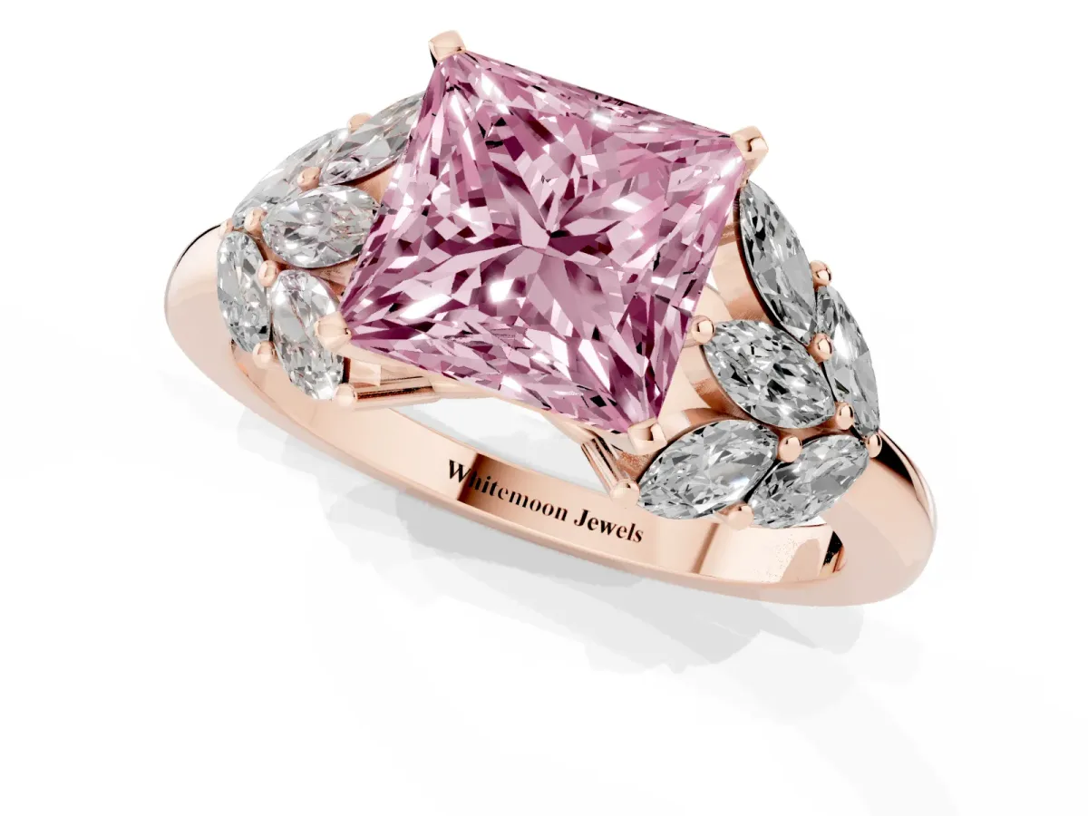 Fancy Pink Princess Cut Diamond Cluster Leaf Design Ring with Prong Setting Rose gold