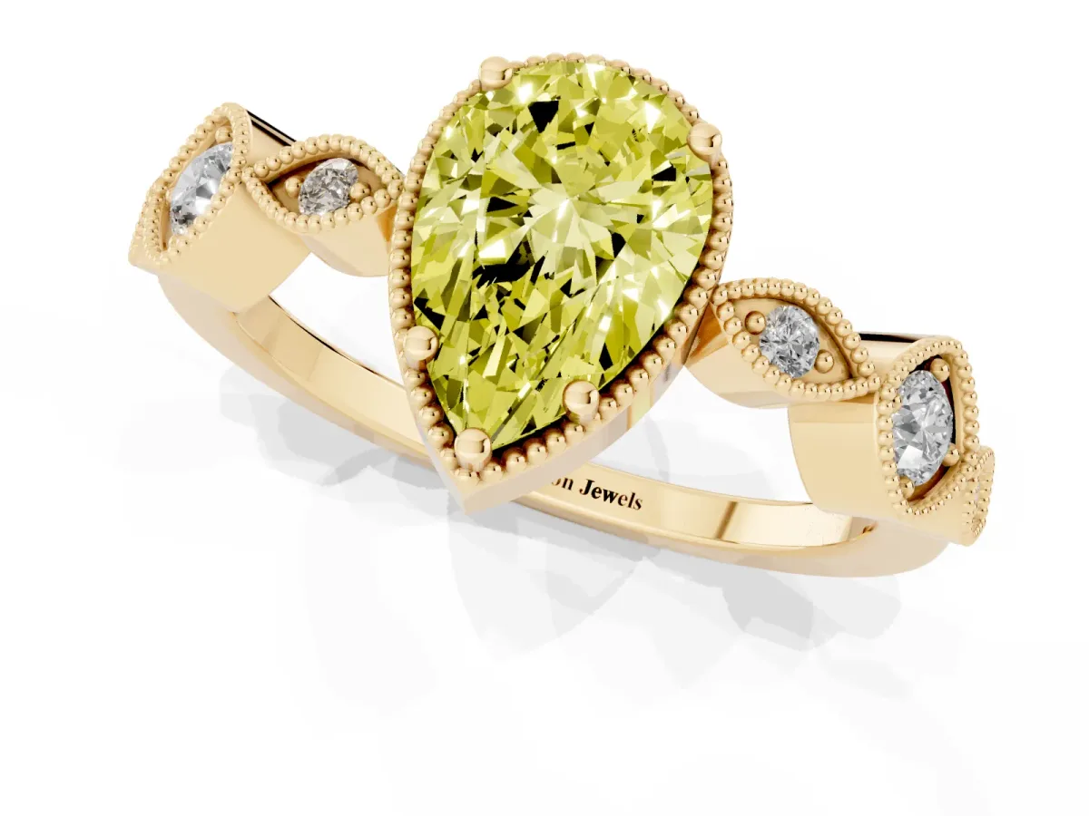 Fancy Yellow Pear Cut Diamond Vintage Milgrain Ring with Round Stations Yellow gold