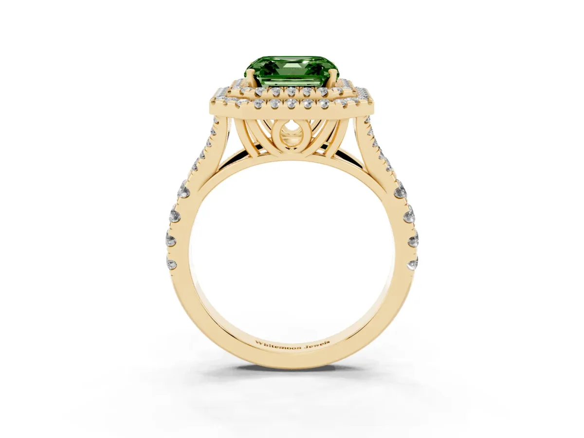Fancy Green Asscher Cut Diamond Pavé Split Shank Double Halo Engagement Ring Yellow gold