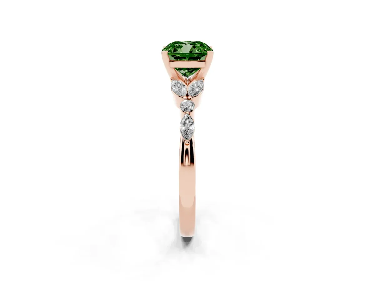 Fancy Green Cushion Cut Diamond Solitaire Ring with Side Stones and Four-Prong Setting Rose gold