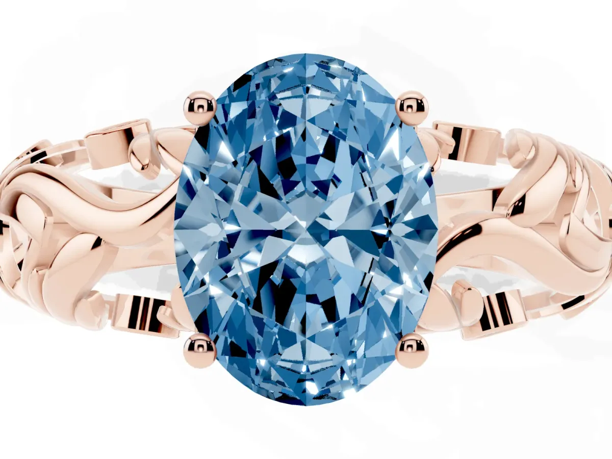 Fancy Blue Oval Cut Solitaire Diamond Leaf-Inspired Vine Band Ring with Prong Setting Rose gold