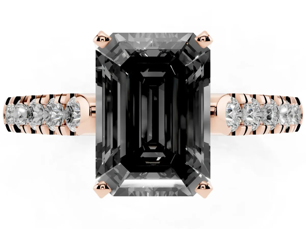 Fancy Black Emerald Cut Diamond Pavé Band Solitaire Ring with Prong Setting Rose gold