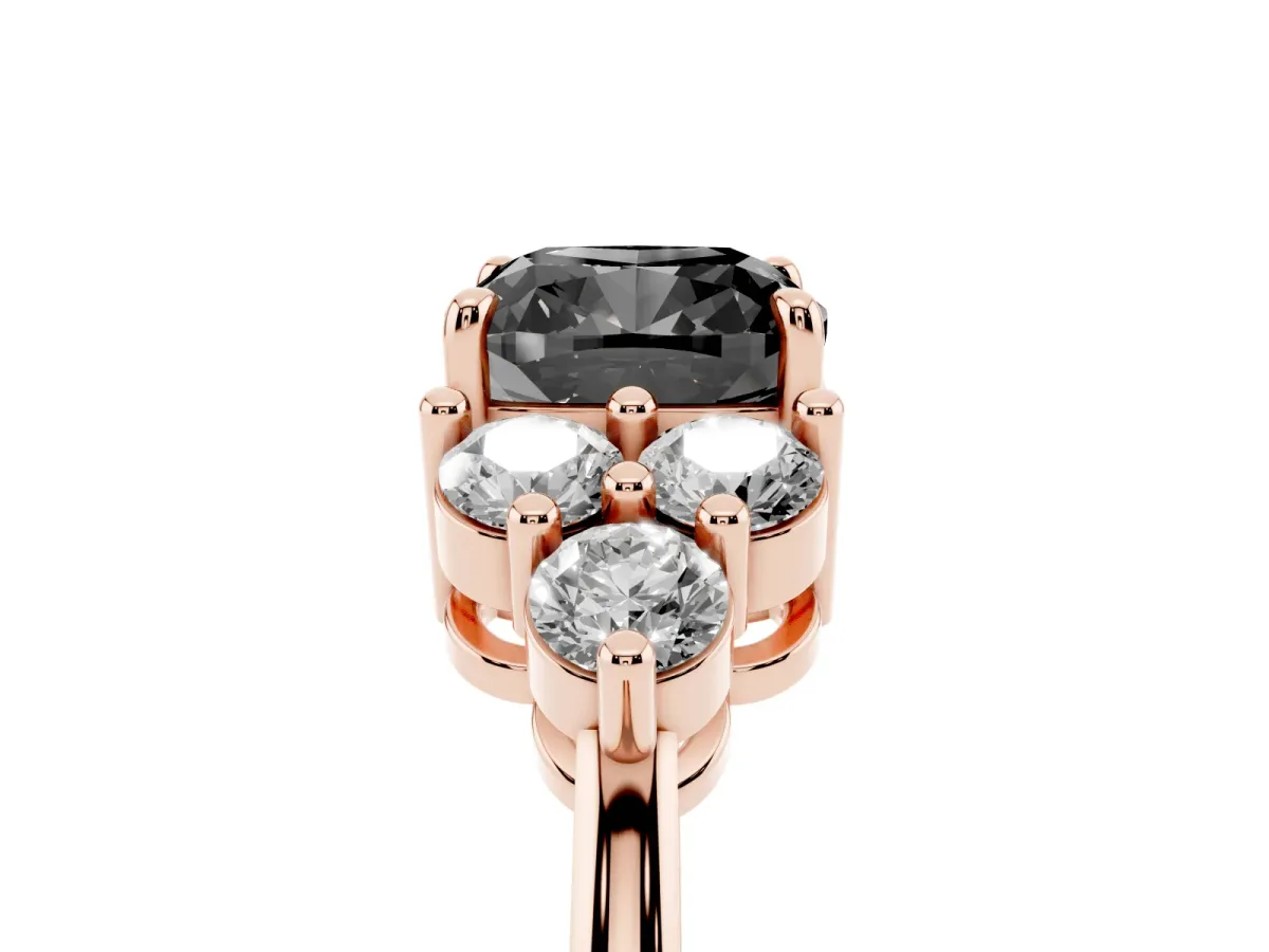 Fancy Black Cushion Cut Brilliant Diamond Cluster Accent Solitaire Ring with Prong Setting Rose gold