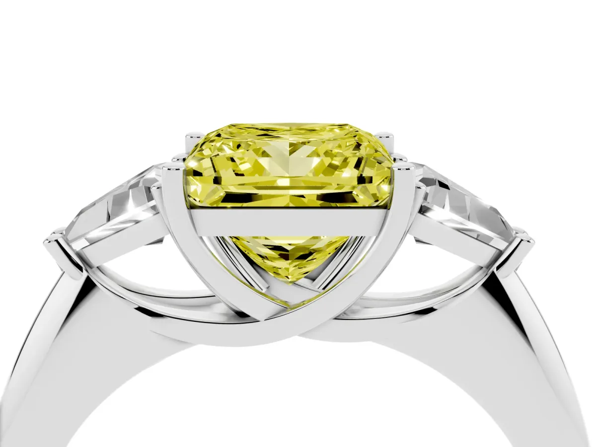 Fancy Yellow Three-Stone Princess Cut Diamond Engagement Ring with Trillion Side Stones and Prong Setting Silver