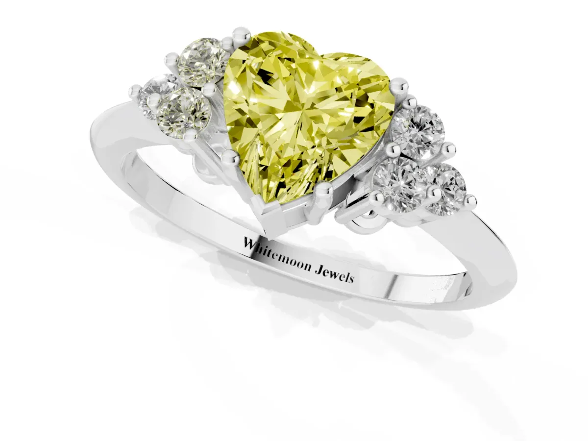 Fancy Yellow Heart Cut Cut Diamond Cluster Ring with Solitaire Band and Four-Prong Setting Platinum