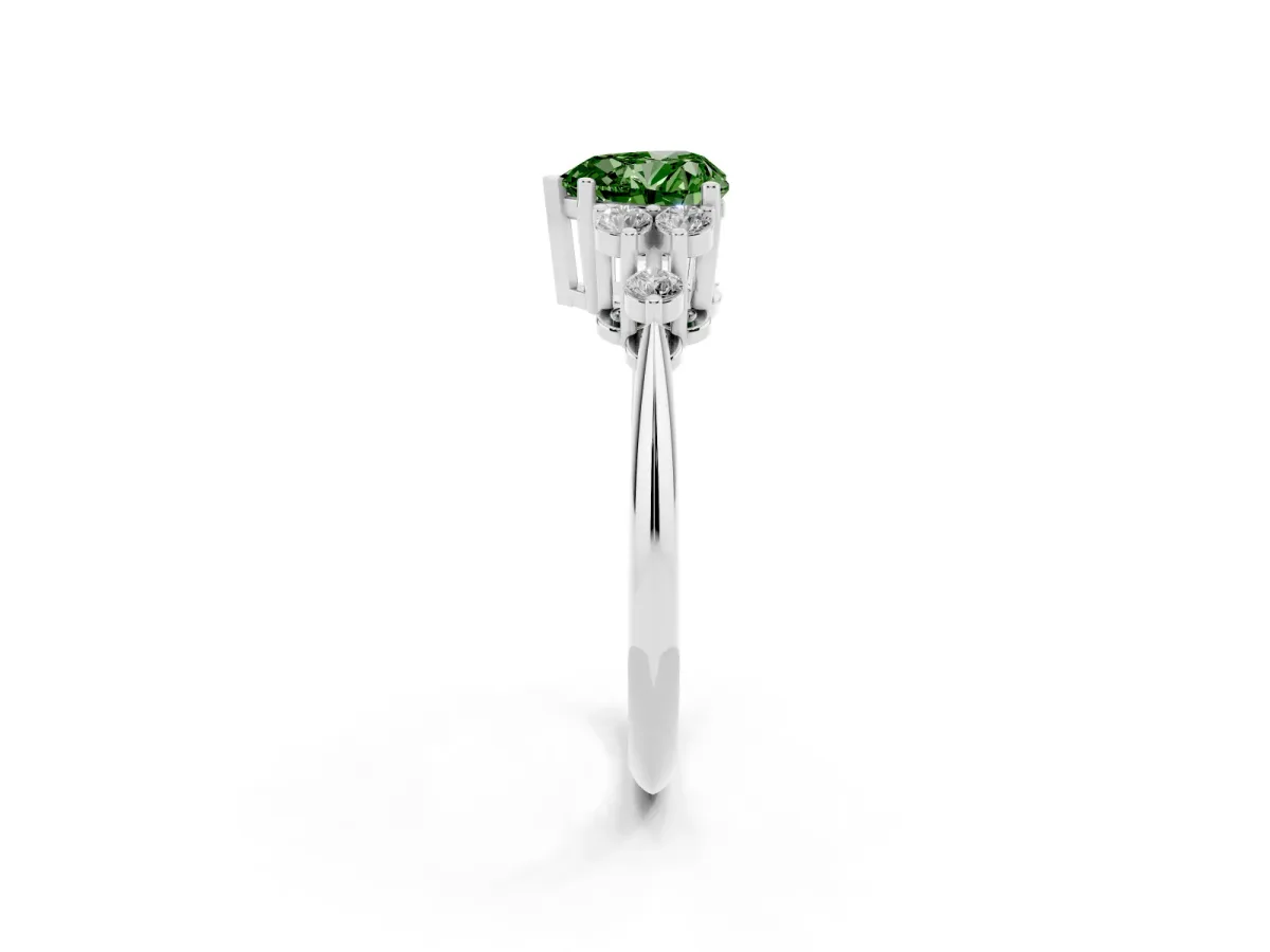 Fancy Green Heart Cut Cut Diamond Cluster Ring with Solitaire Band and Four-Prong Setting Silver