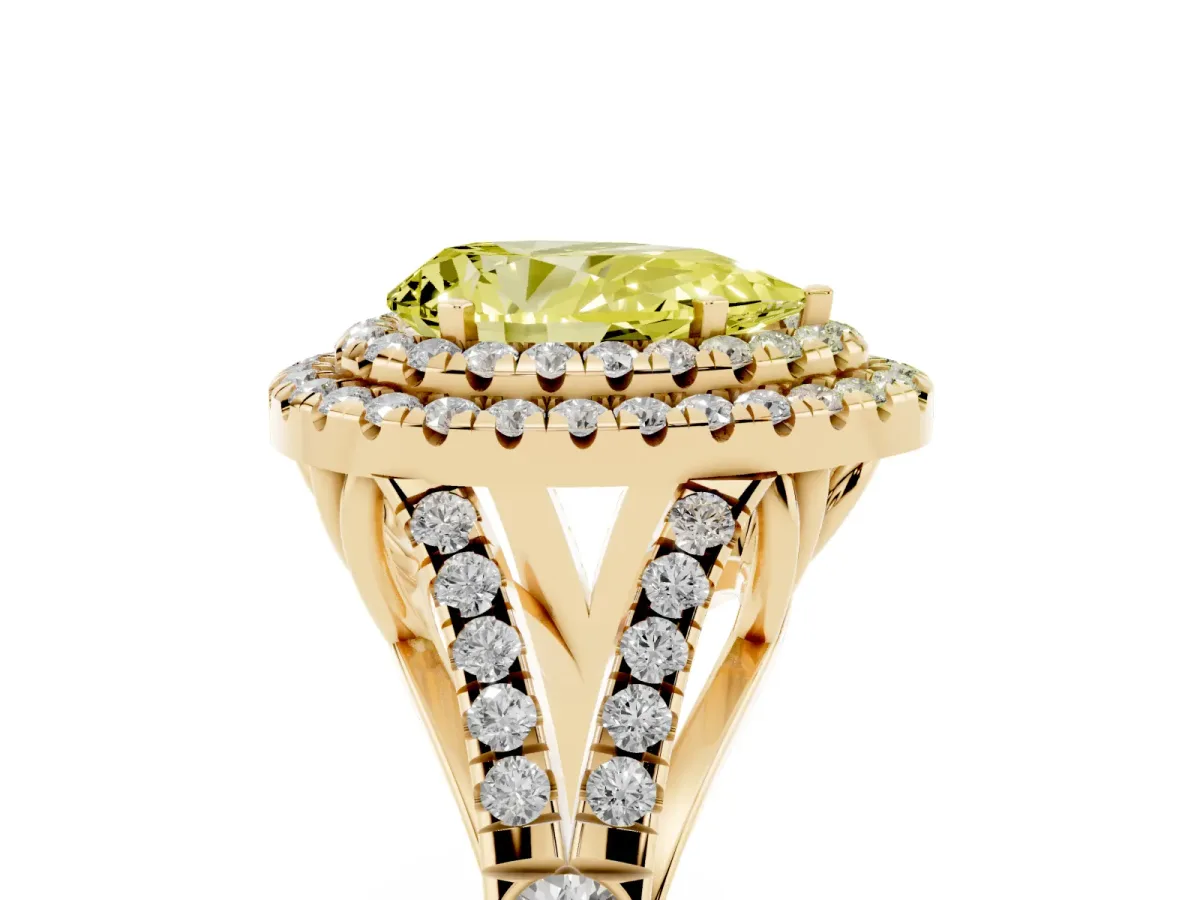 Fancy Yellow Double Halo Pear Cut Diamond Split Shank Engagement Ring with Four-Prong Setting Yellow gold