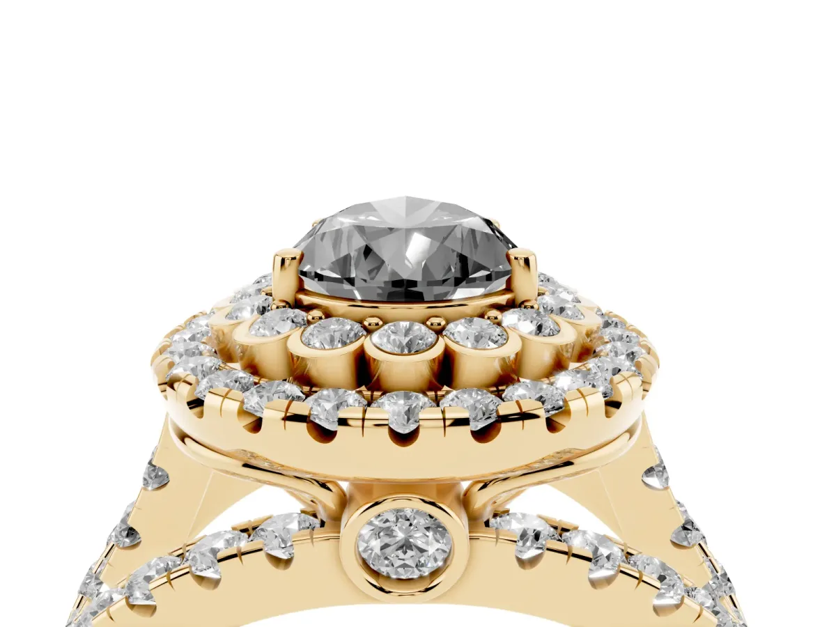 Fancy Black Pear Cut Diamond Double Halo Ring with Round Pavé Split Shank and Prong Setting Yellow gold