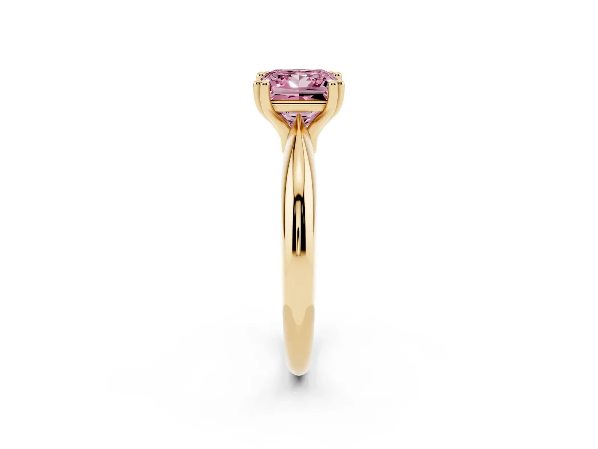 Fancy Pink Princess Cut Cut Solitaire Engagement Ring with Tapered Band and Four-Prong Setting Yellow gold