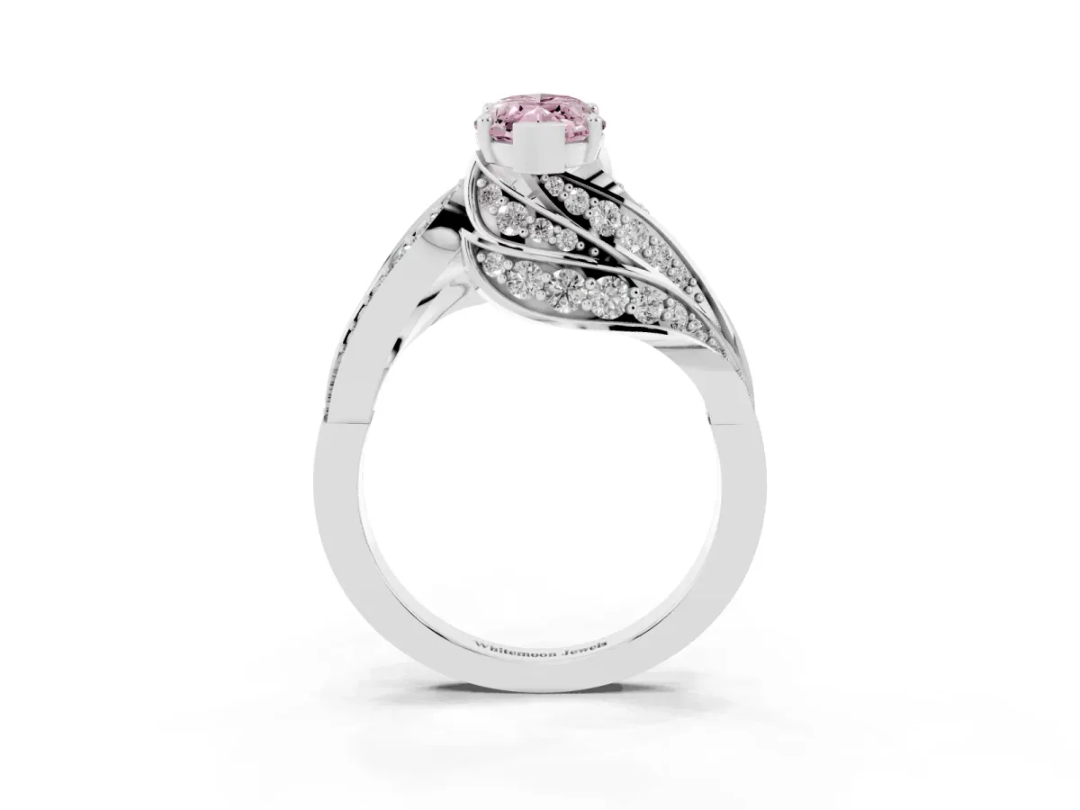 Fancy Pink Marquise Cut Diamond Solitaire Ring with Prong Setting and Twisted Pavé Band Silver
