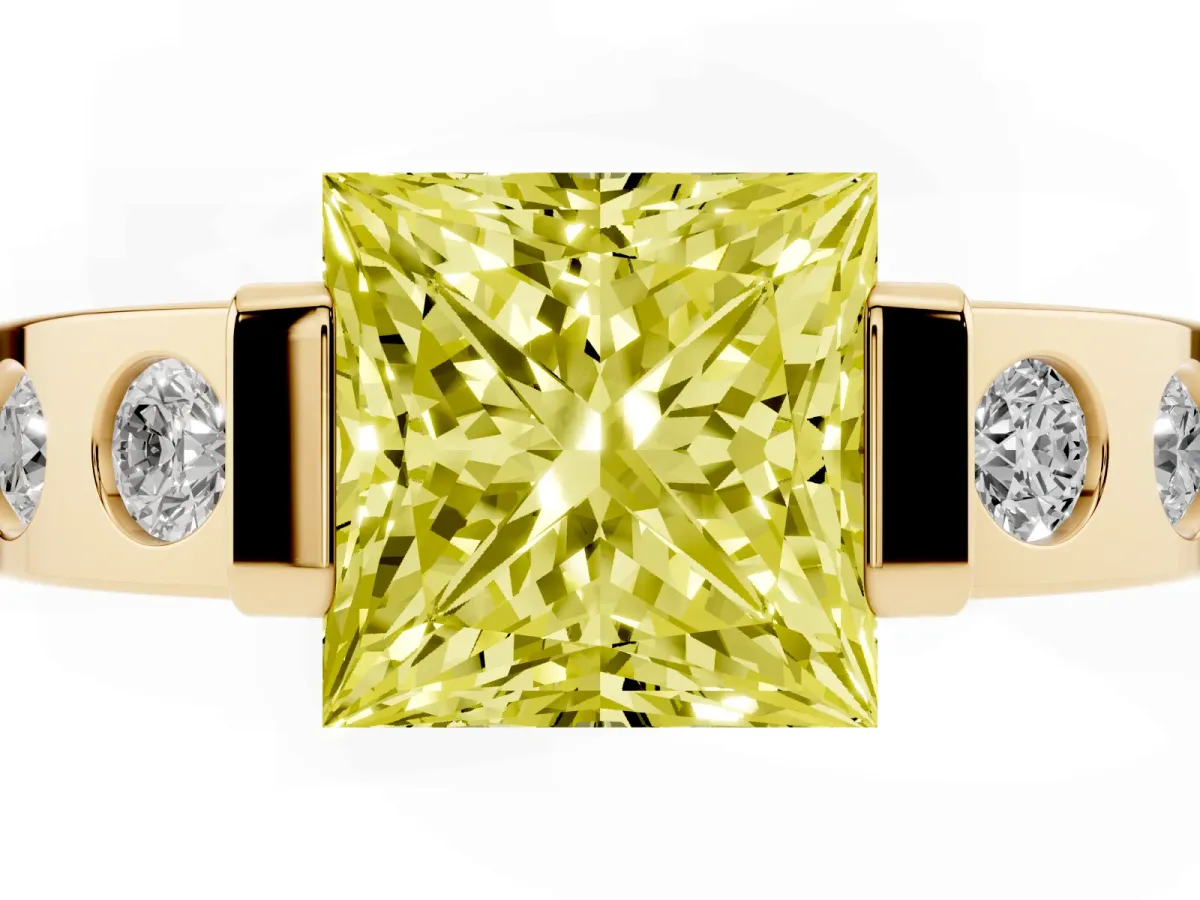 Fancy Yellow Princess Cut Brilliant Channel-Set Diamond Ring with Bezel Prong Setting Yellow gold