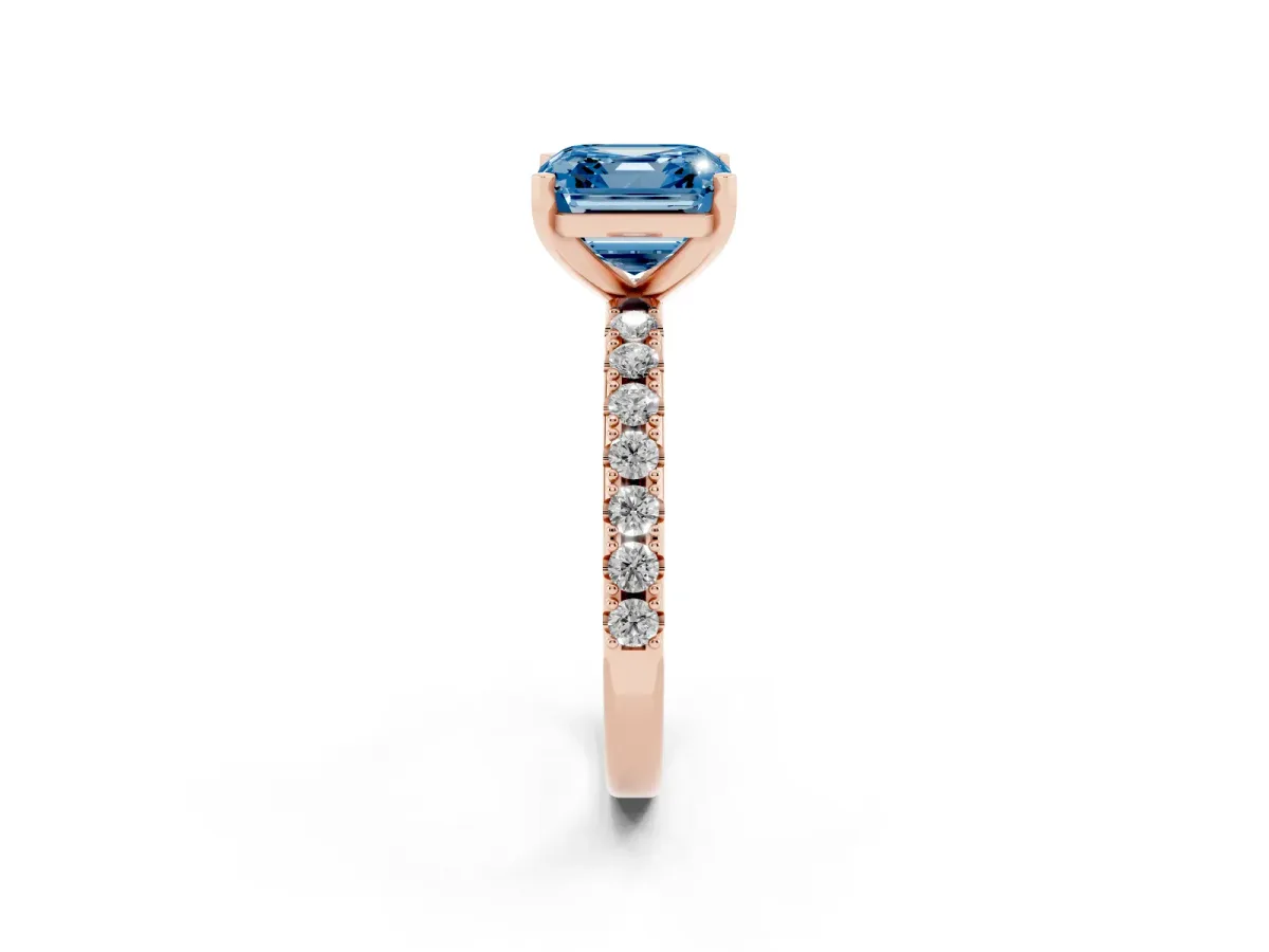 Fancy Blue Asscher Cut Diamond Solitaire Pavé Band with Four-Prong Setting Rose gold