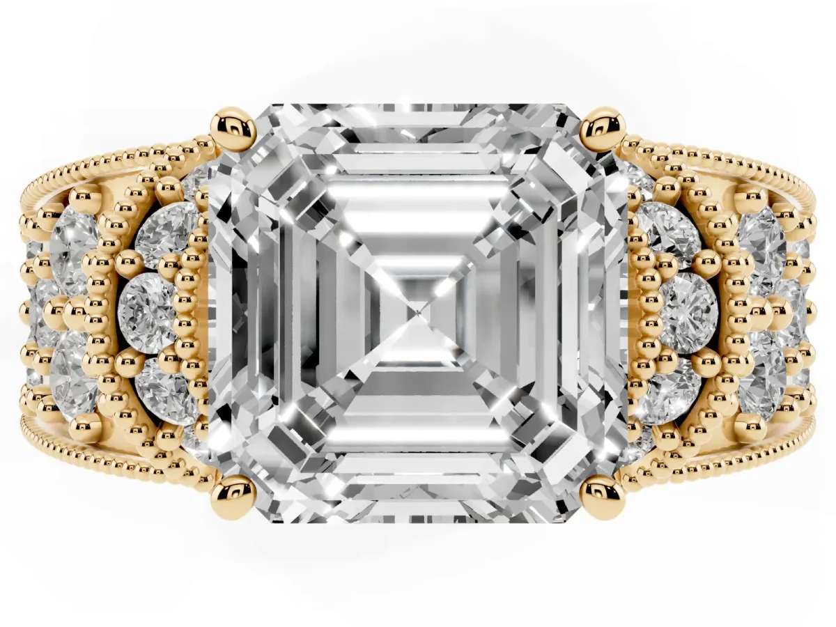 Asscher Cut Halo Pave Diamond Engagement Ring with Milgrain Detailing Yellow gold