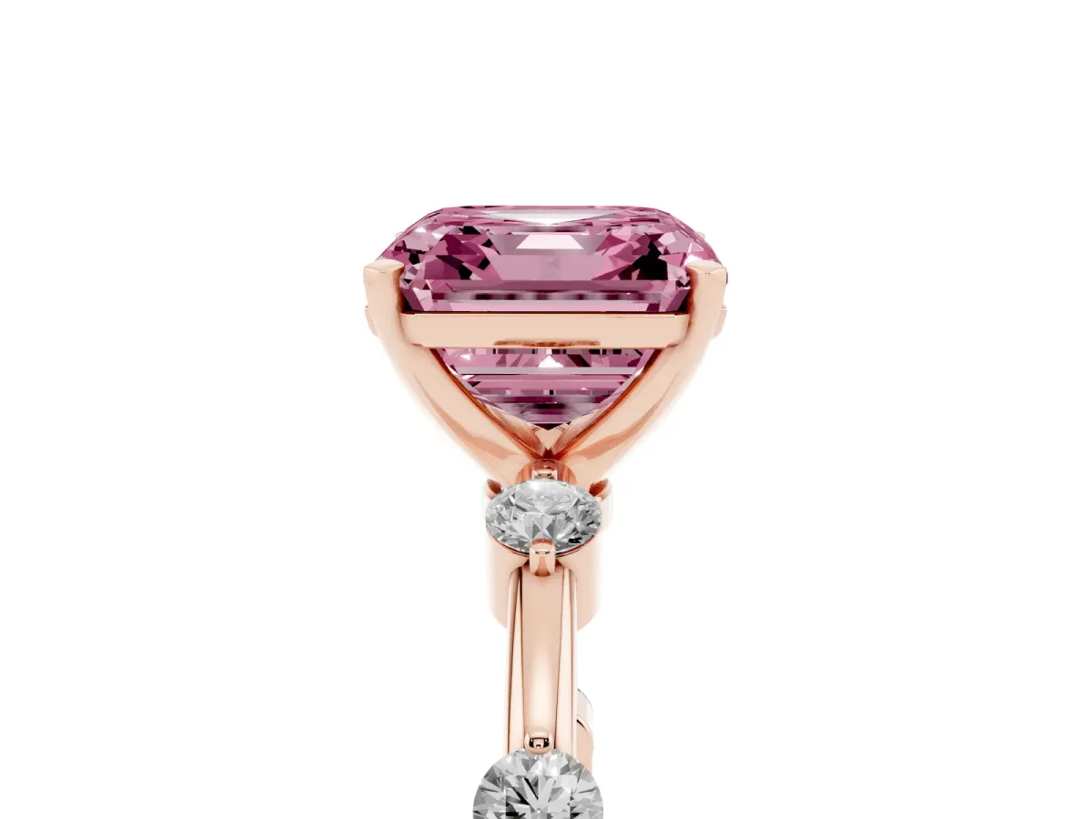 Fancy Pink Asscher Cut Solitaire Diamond Ring with Bezel Set Side Stones and Prong Setting Rose gold