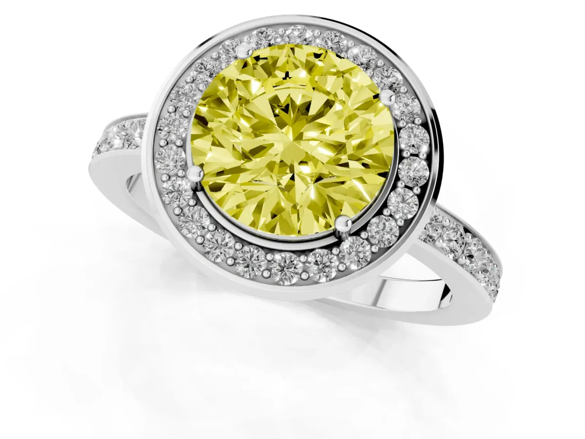 Fancy Yellow Round Cut Diamond Halo Ring with Bezel Frame and Pavé Band Silver
