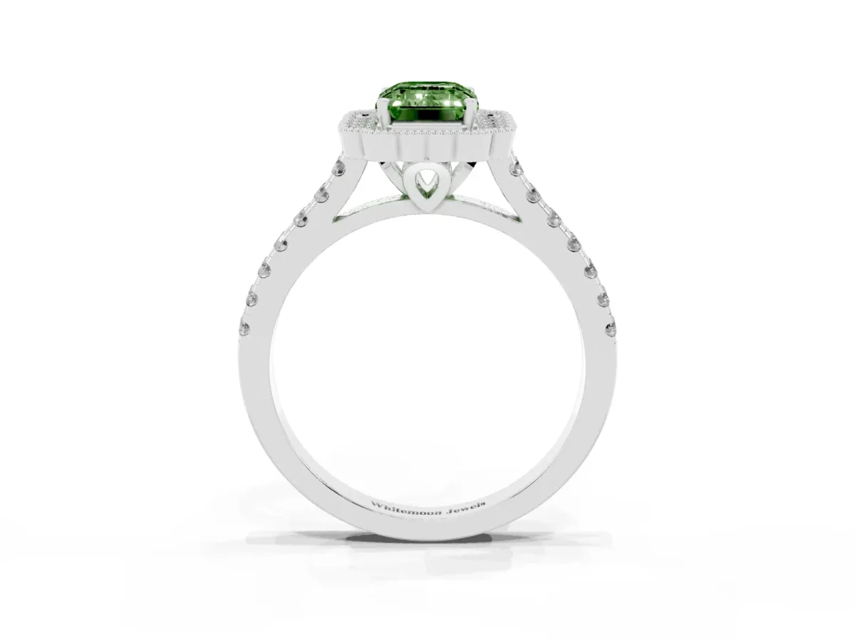 Fancy Green Emerald Cut Cut Diamond Milgrain Floral Halo Engagement Ring with Pavé Band Platinum