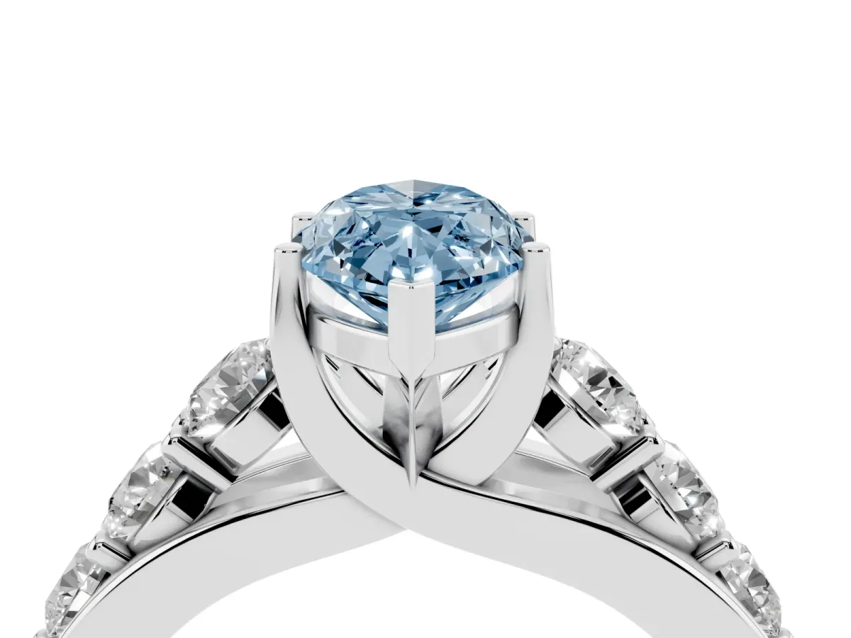 Fancy Blue Marquise Cut Diamond Engagement Ring with Pavé Band and Four-Prong Setting Silver