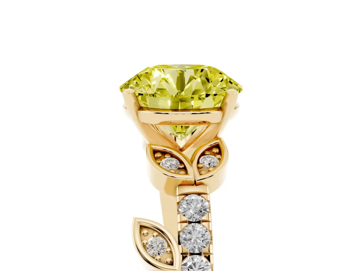 Fancy Yellow Round Cut Solitaire Leaf-Inspired Diamond Ring with Pavé Band and Four-Prong Setting Yellow gold