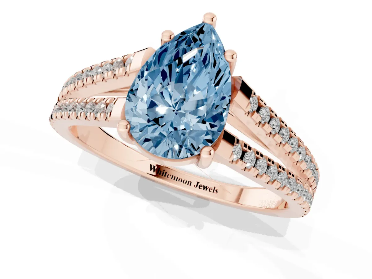 Fancy Blue Pear Cut Diamond Solitaire Engagement Ring with Split Shank Pavé Band Rose gold