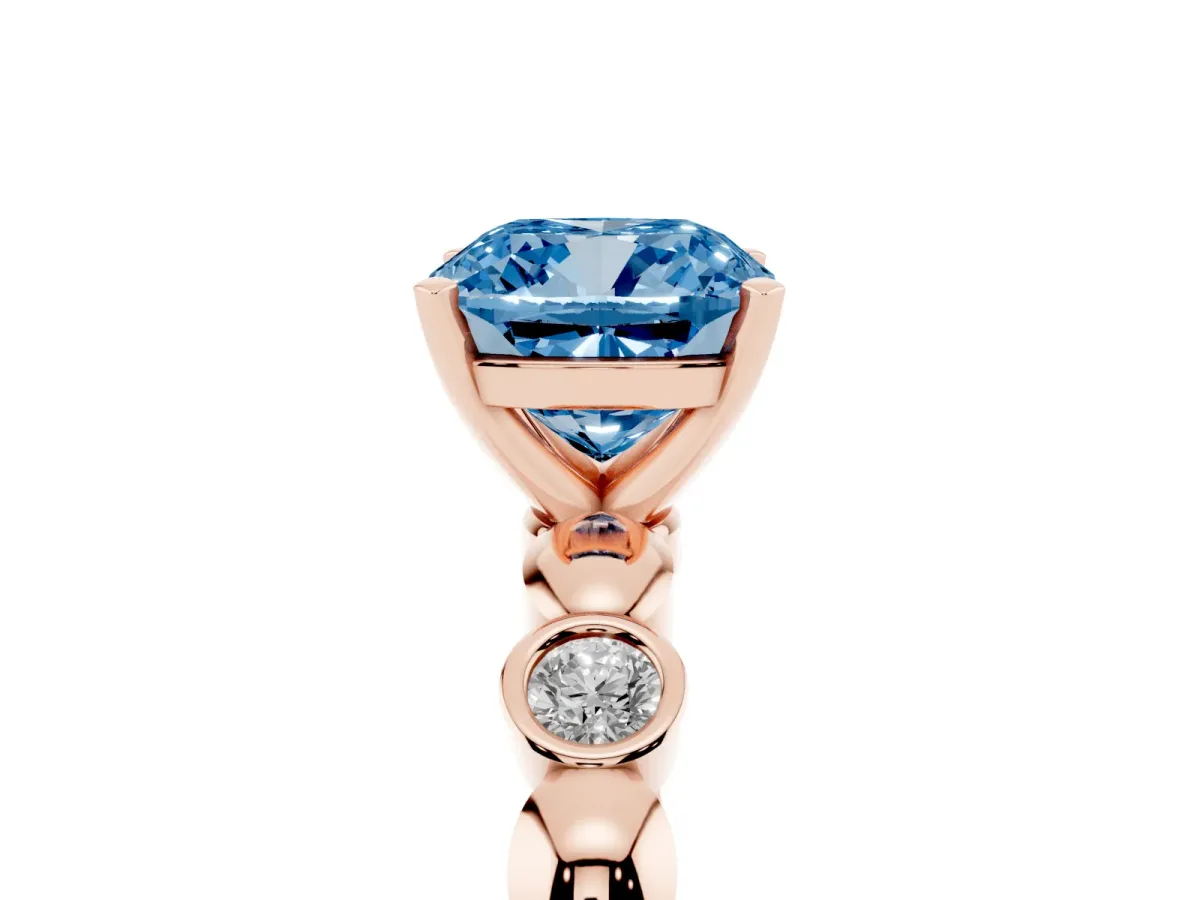 Fancy Blue Cushion Cut Solitaire Bezel-Set Diamond Ring with Beaded Band and Four-Prong Setting Rose gold