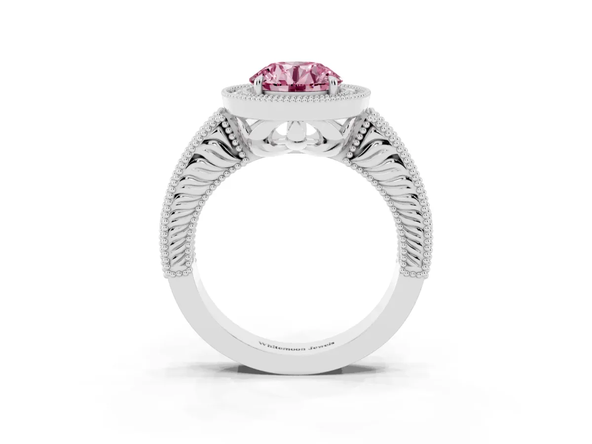 Fancy Pink Round Cut Cut Halo Diamond Ring with Pavé Band and Four-Prong Setting White gold