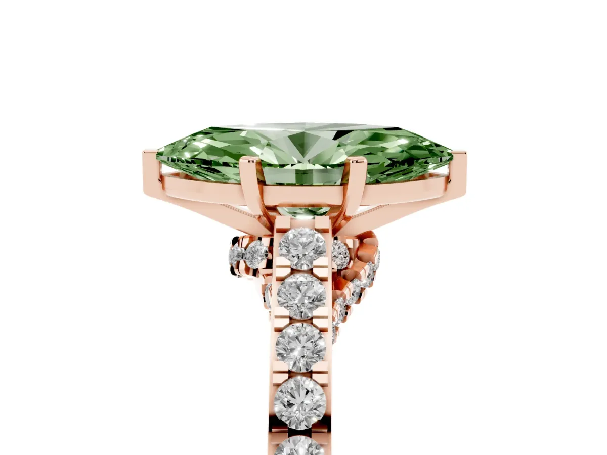 Fancy Green Marquise Cut Diamond Solitaire Ring with Crossover Gallery and Round Pavé Band Rose gold