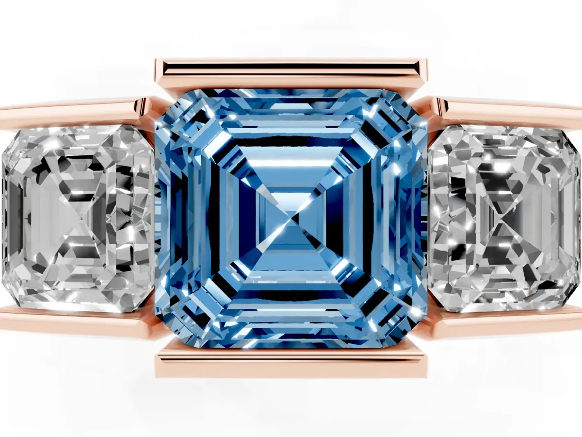 Fancy Blue Three Stone Asscher Cut Cut Channel Set Diamond Ring Rose gold
