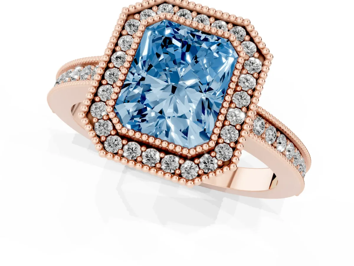 Fancy Blue Radiant Cut Cut Halo Diamond Ring with Pavé Band and Milgrain Prong Setting Rose gold