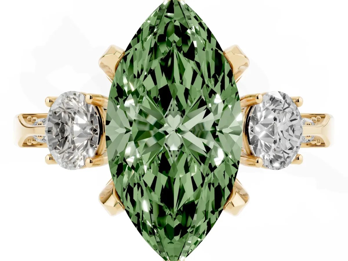 Fancy Green Marquise Cut Brilliant Three-Stone Diamond Ring with Pavé Band and Four-Prong Setting Yellow gold