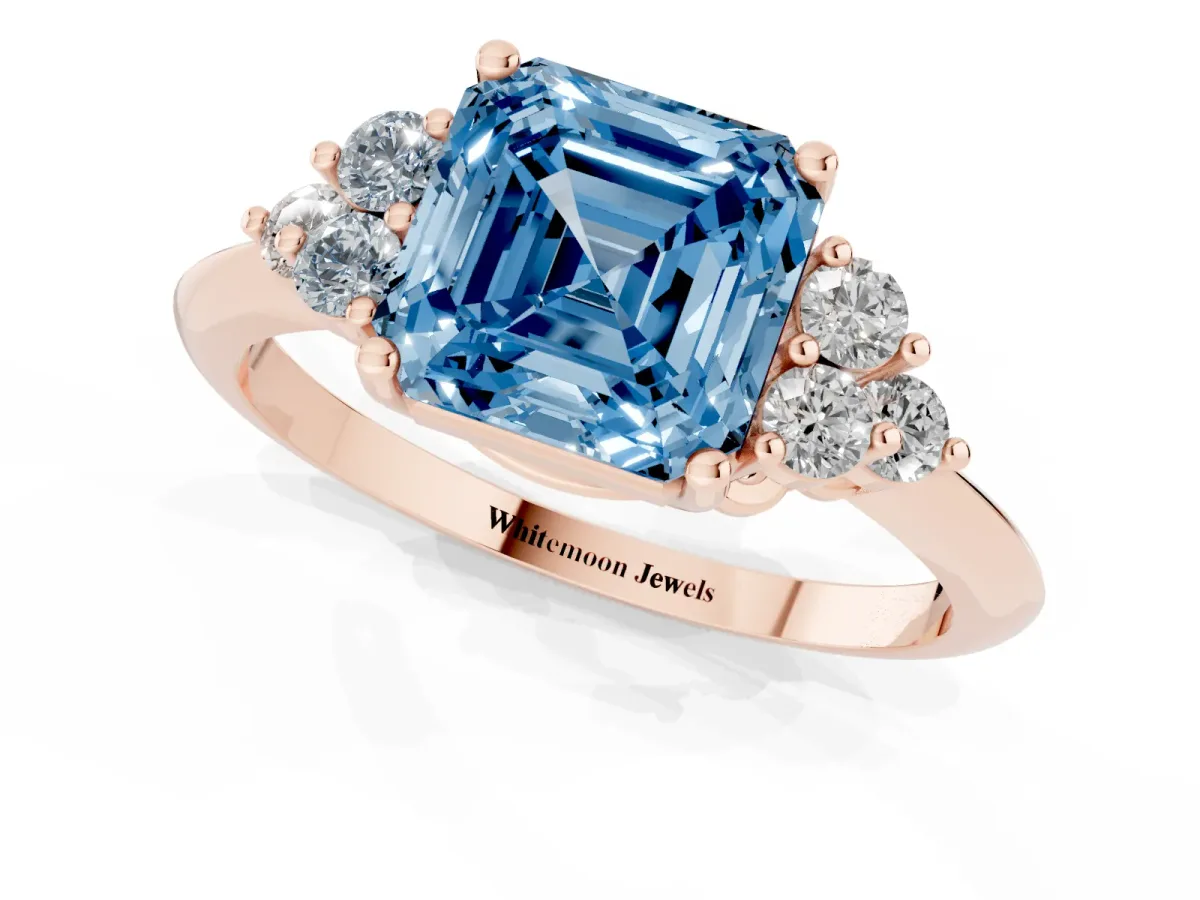 Fancy Blue Asscher Cut Cut Diamond Cluster Ring with Solitaire Band and Four-Prong Setting Rose gold