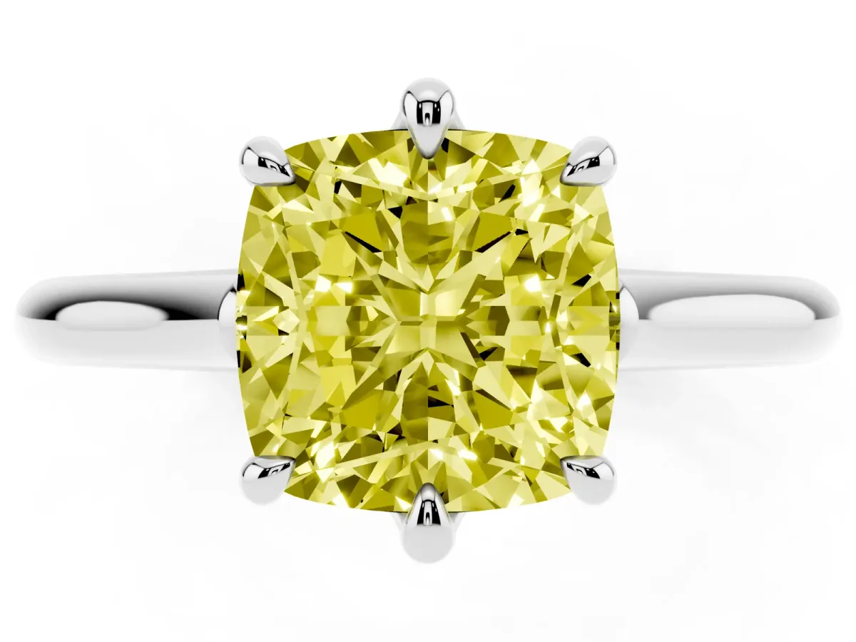 Fancy Yellow Cushion Cut Solitaire Engagement Ring with Six-Prong Setting and Classic Band Platinum