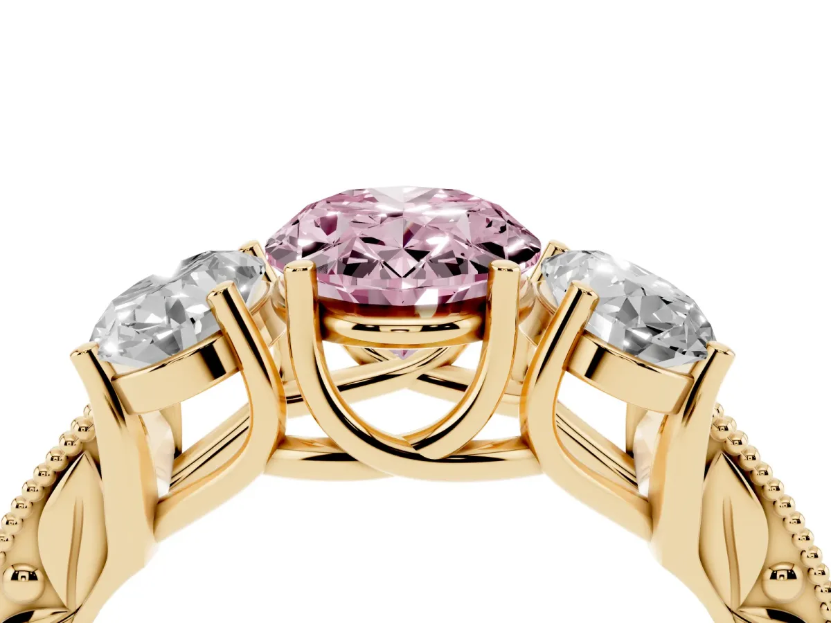 Fancy Pink Three-Stone Oval Cut Cut Milgrain Pavé Engagement Ring Yellow gold