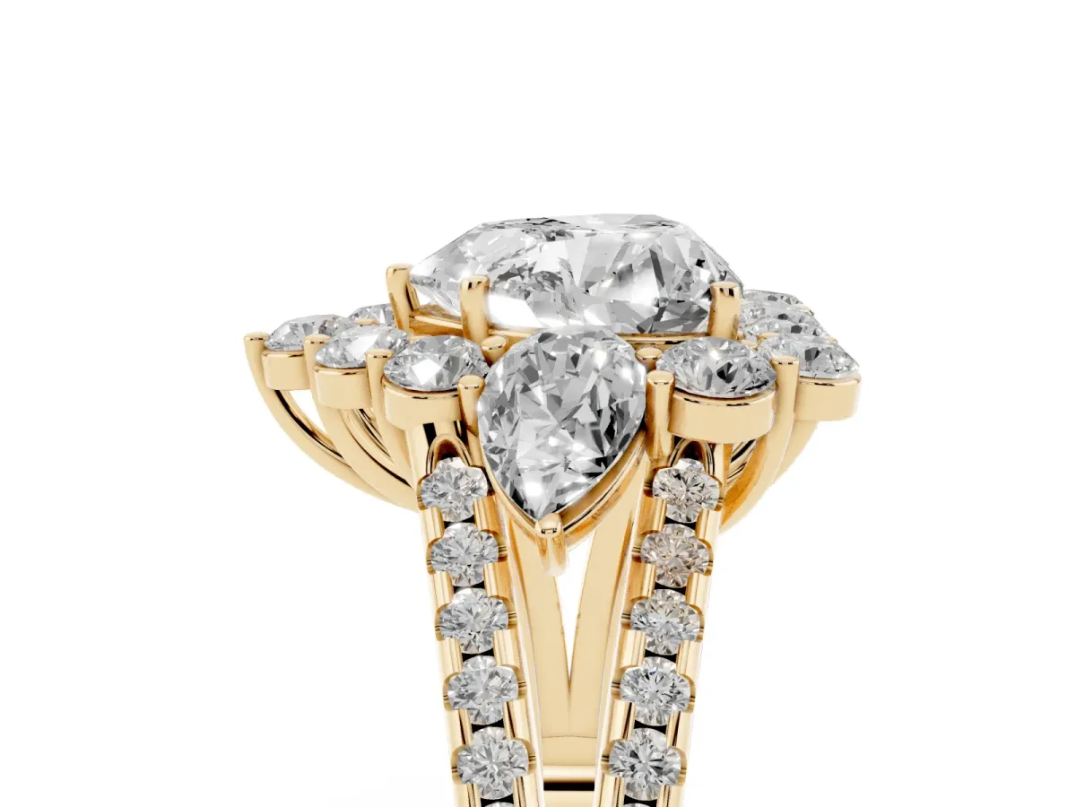 Heart Cut Halo Split Shank Diamond Engagement Ring with Prong Setting Yellow gold