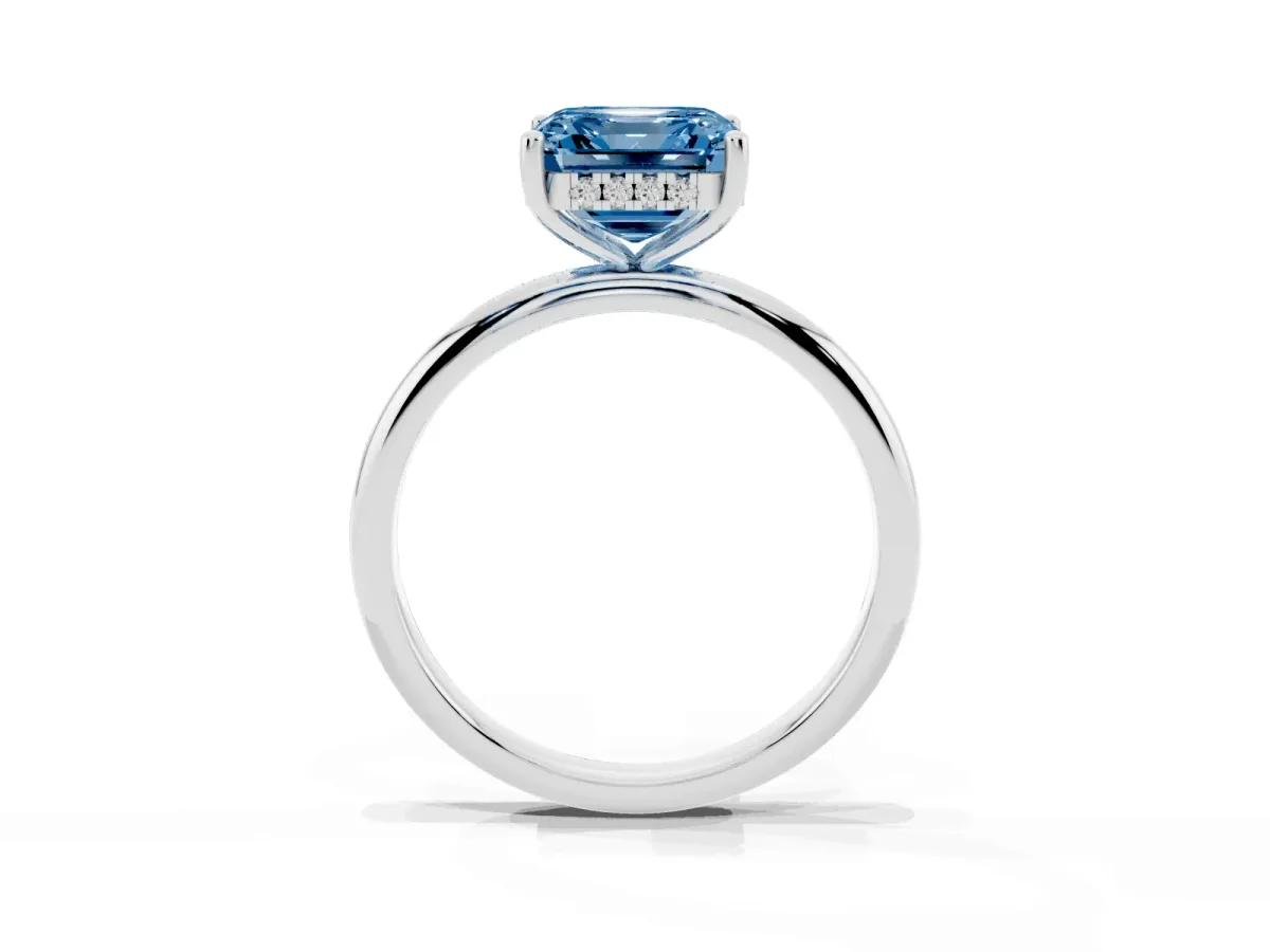 Fancy Blue Asscher Cut Cut Solitaire Engagement Ring with Four-Prong Setting and Classic Band Silver