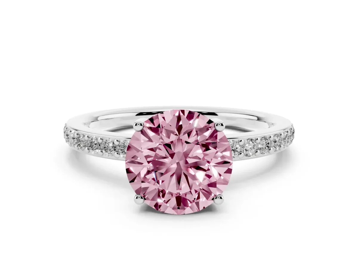 Fancy Pink Round Cut Cut Diamond Pavé Band Ring with Four-Prong Setting Silver