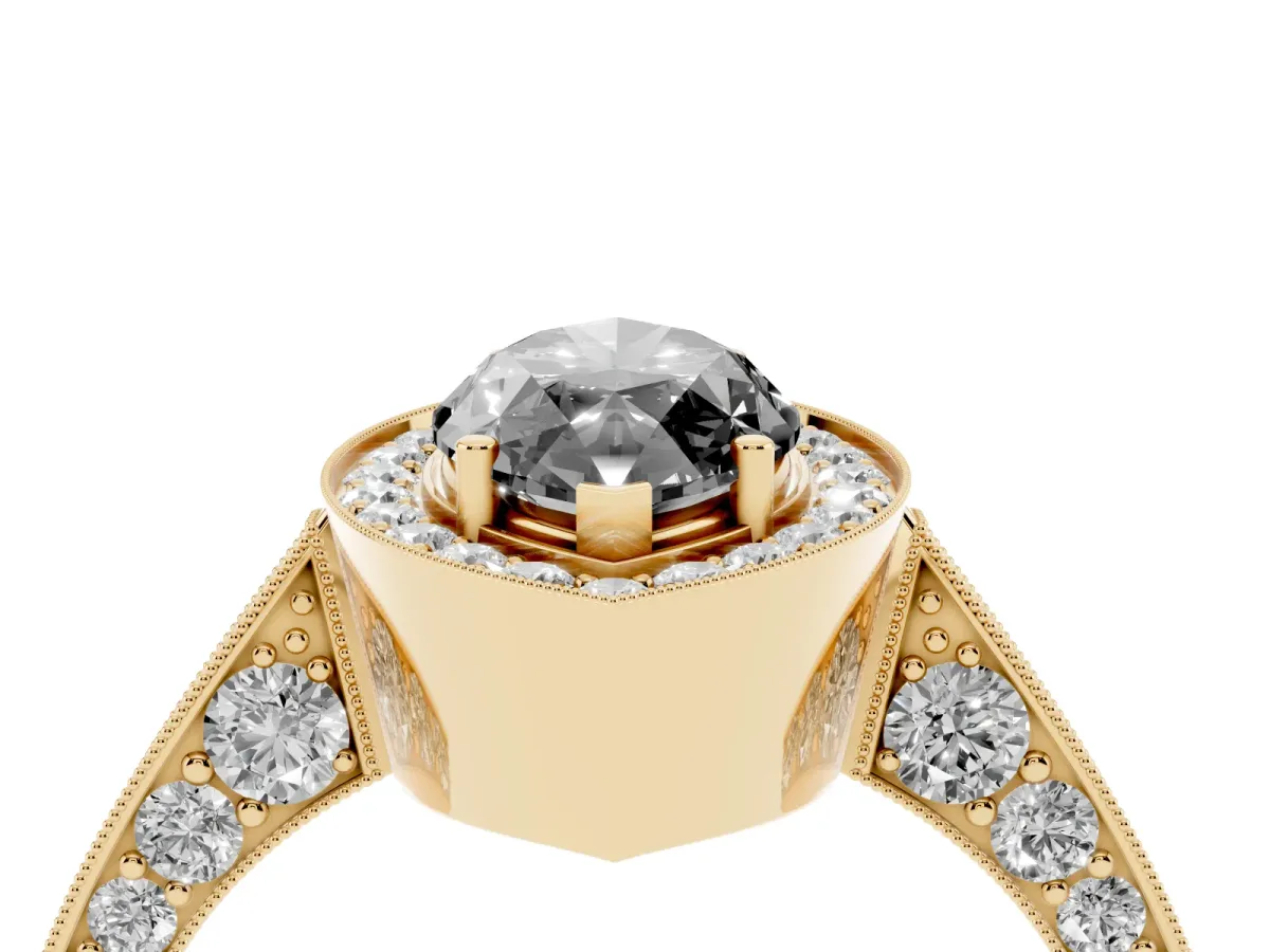 Fancy Black Marquise Cut Halo Diamond Engagement Ring with Split Shank Band and Four-Prong Setting Yellow gold