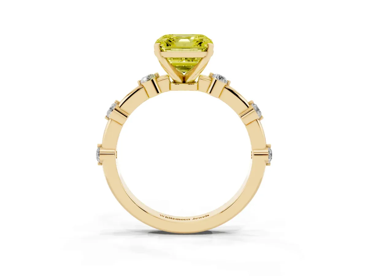 Fancy Yellow Asscher Cut Solitaire Diamond Ring with Bezel Set Side Stones and Prong Setting Yellow gold