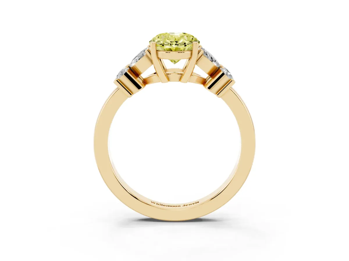 Fancy Yellow Oval Cut Diamond Floral Cluster Ring with Solitaire Band and Prong Setting Yellow gold