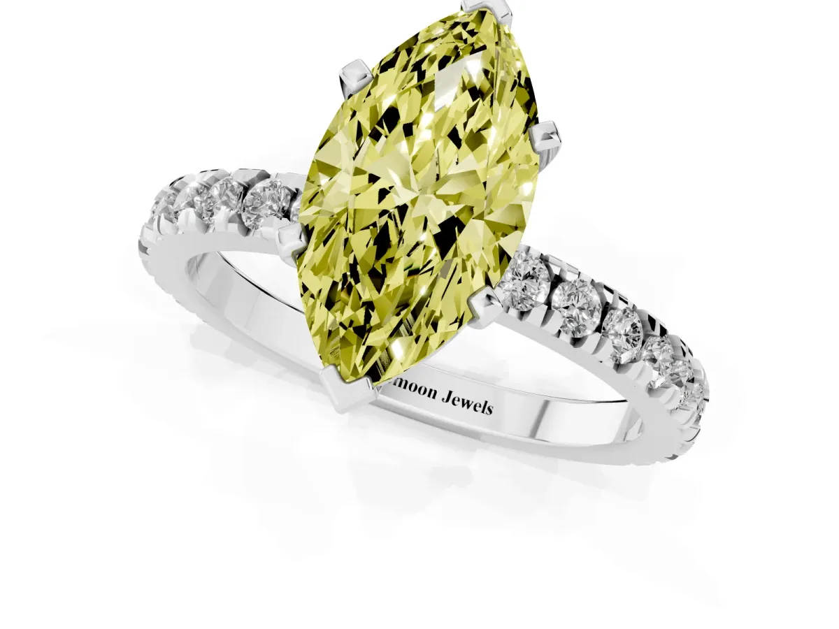 Fancy Yellow Marquise Cut Diamond Pavé Band Solitaire with Four-Prong Setting Silver