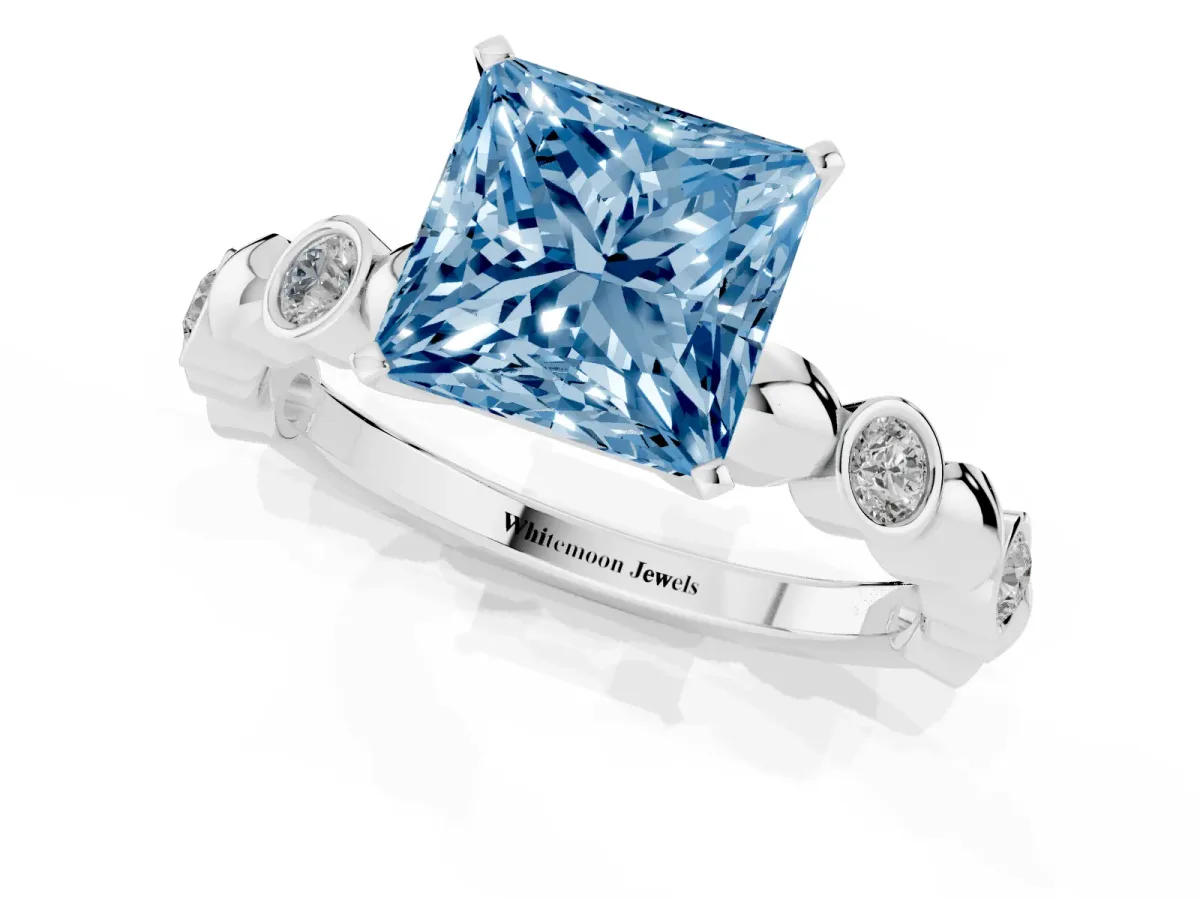 Fancy Blue Princess Cut Solitaire Bezel-Set Diamond Ring with Beaded Band and Four-Prong Setting Silver