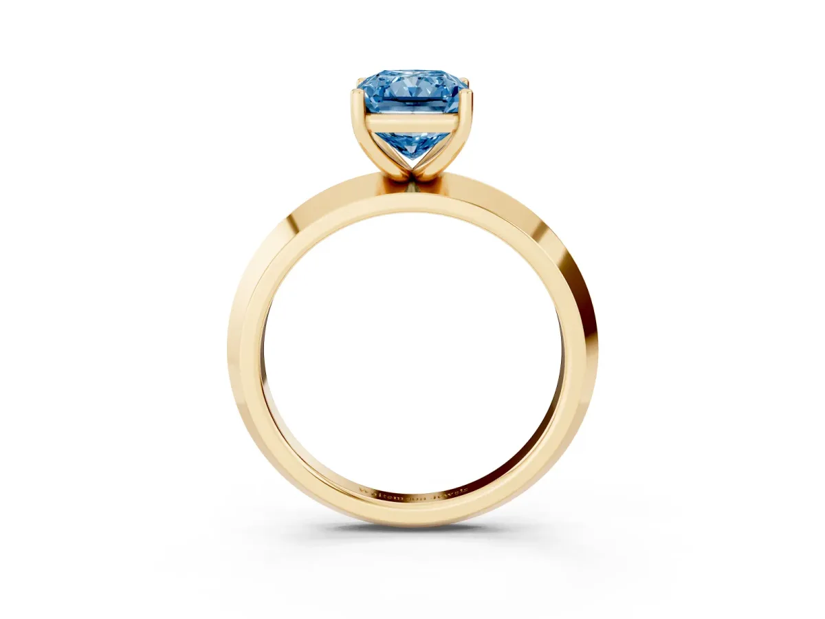 Fancy Blue Radiant Cut Cut Solitaire Engagement Ring with Flat Band and Four-Prong Setting Yellow gold