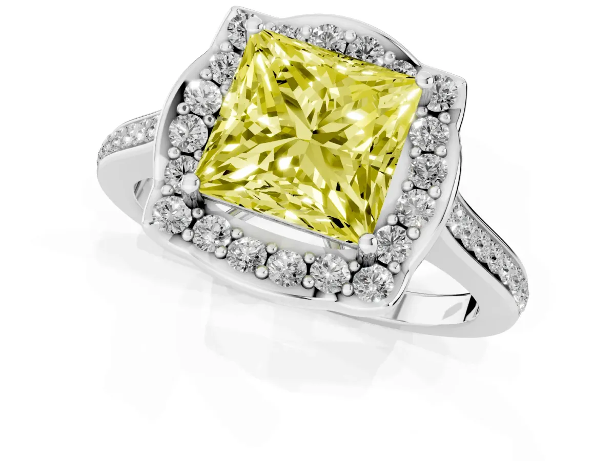 Fancy Yellow Princess Cut Halo Round Diamond Pave Band with Four-Prong Setting White gold