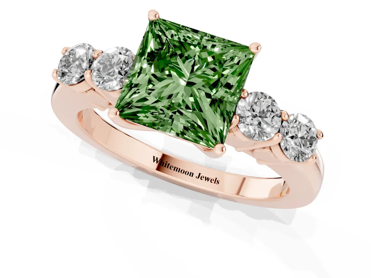 Fancy Green Princess Cut Cut Diamond Five-Stone Prong Set White Gold Ring Rose gold